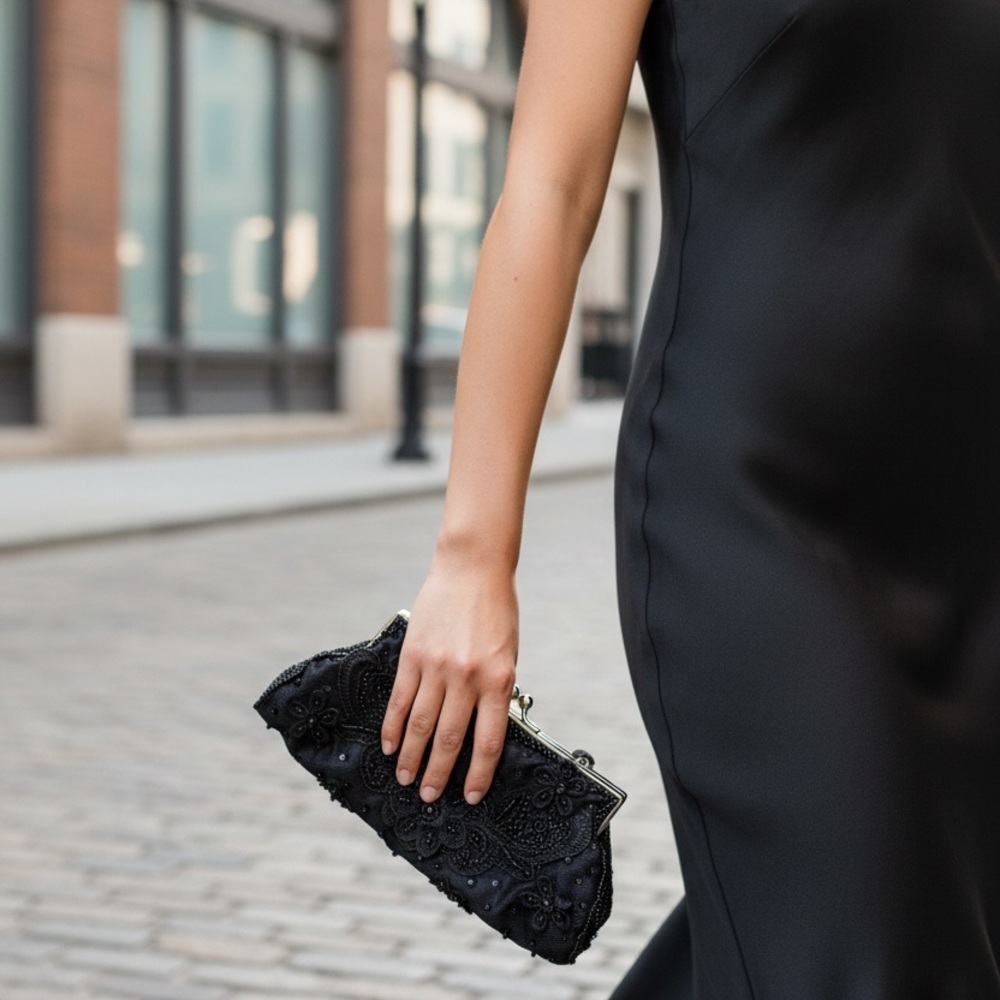 Black Beaded Floral Evening Clutch with Silver Toned Accents - La Regale